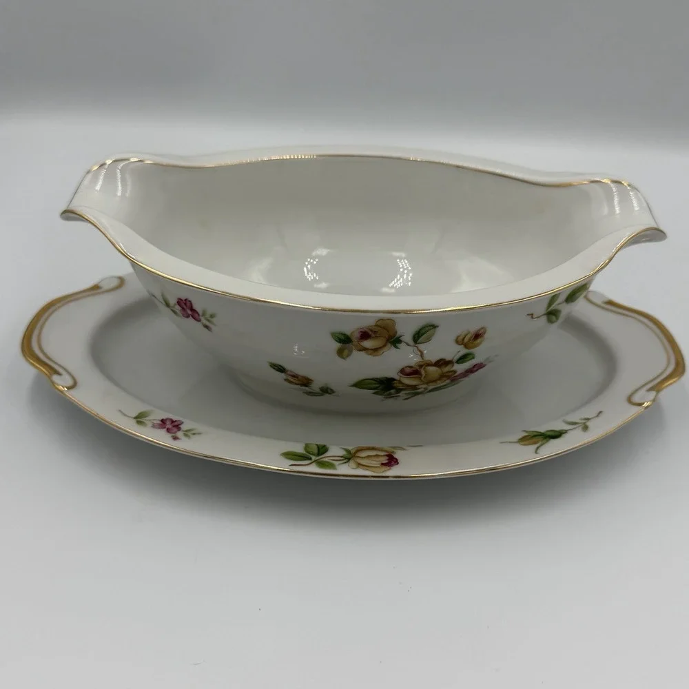 Vintage Lynmore Golden Rose Fine China Gravy Boat With Attached Plate